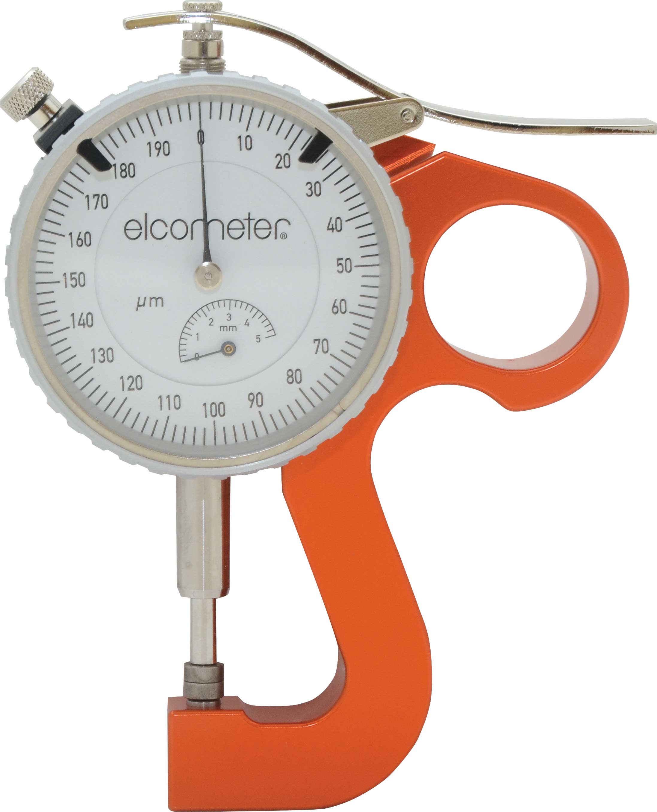 An orange. metal handle shaped to sit in a hand holds up a circular scale and above that is a thin, steel lever when someone's index finger can push down.
