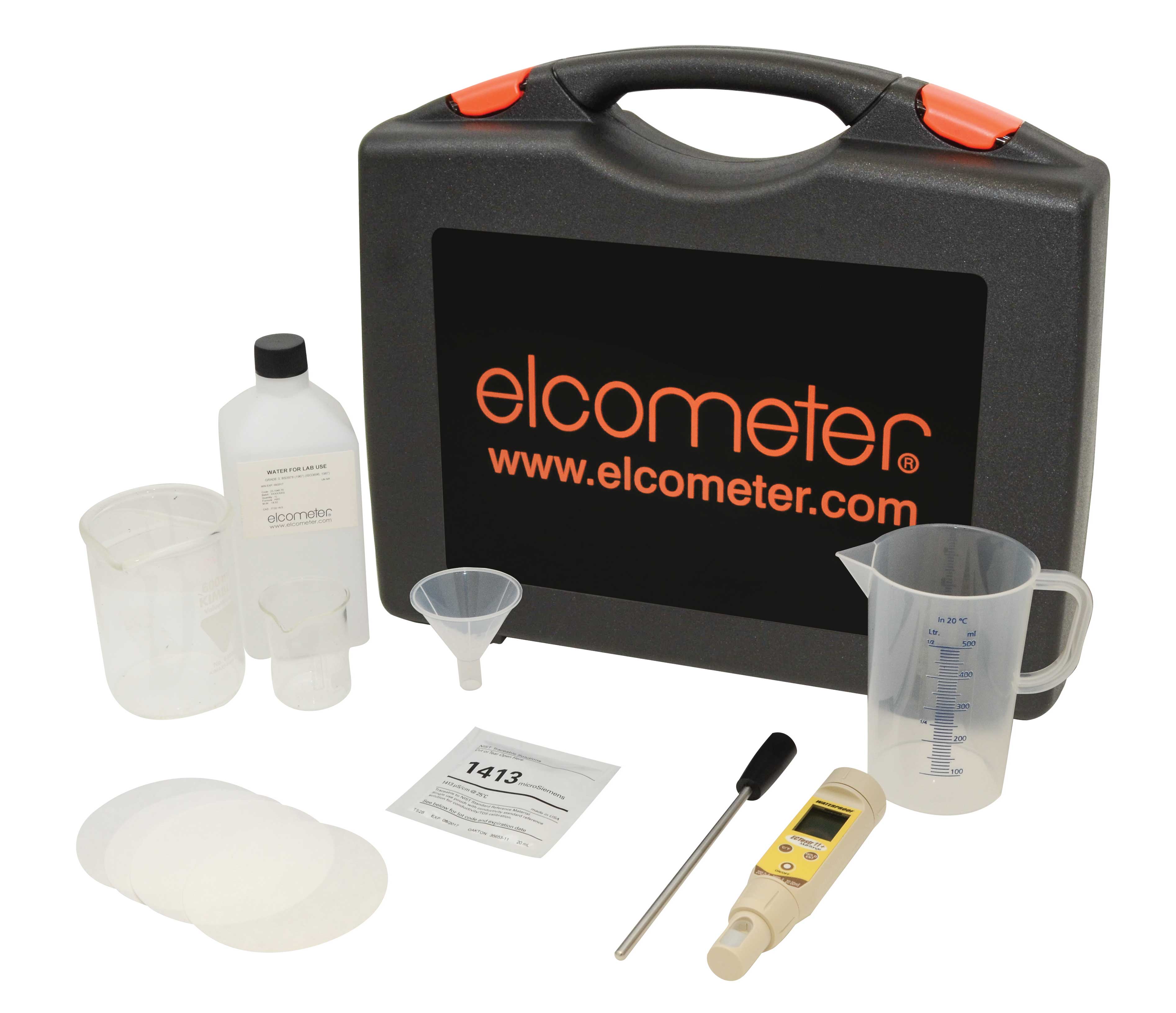 Black, hard plastic handle case with a label which orange letters read 'elcometer wwww.elcometer.com'. In front of the closed kit, there are two clear, plastic jugs, a funnel, a clear bottle of liquid, a thin metal probe, an electronic reader and a small white sachet.