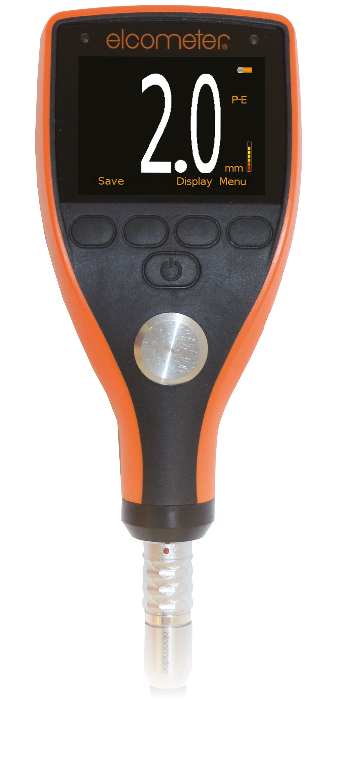The Elcometer MTG2, an ultrasonic steel thickness gauge with a probe attached to the bottom