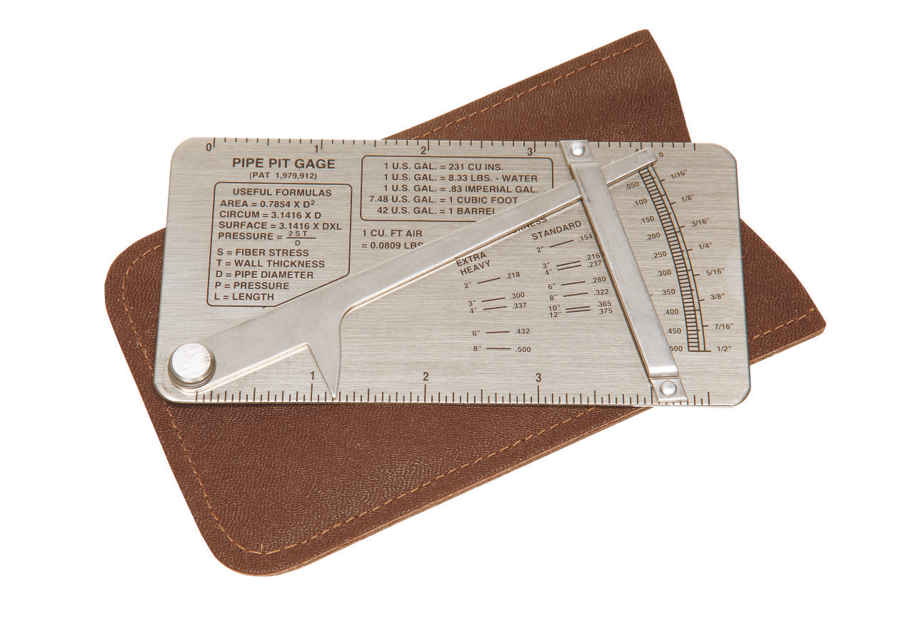 Pocket-sized, metal pit gauge with a stylus positioned into the base of the corrosion pit.