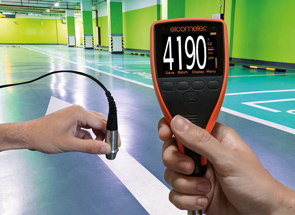 Elcometer 500 Concrete Coating Thicness Gauge Measuring in a Car Park
